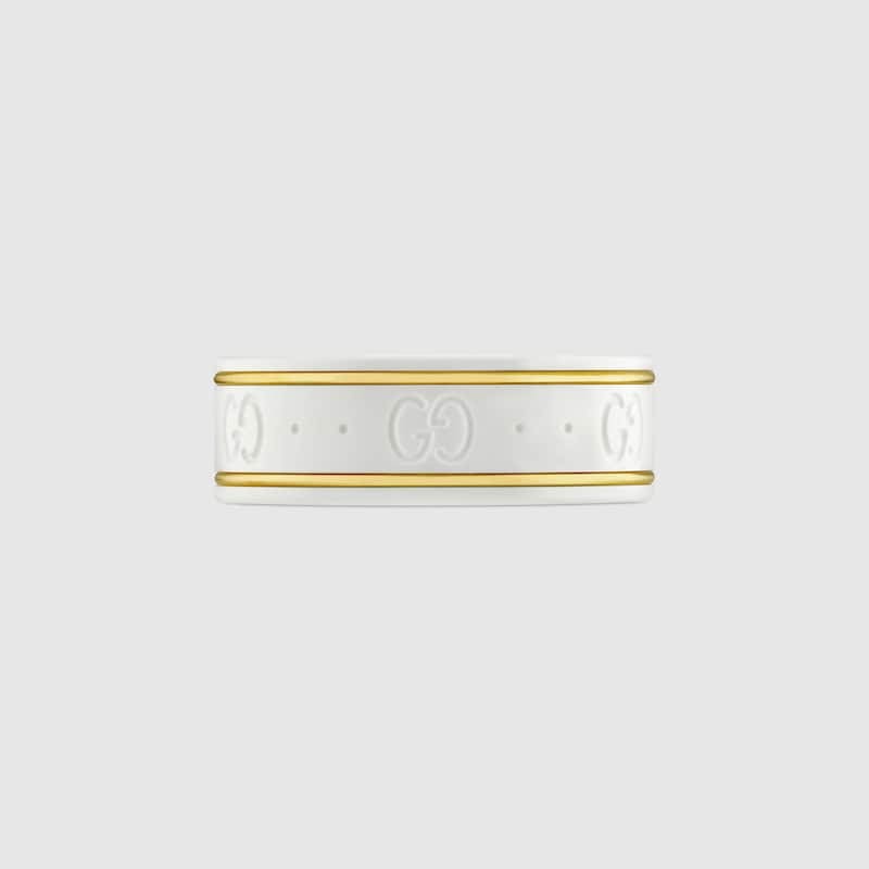Gucci Double G Icon White Zirconia Ring - 8 mm Width - 18K Yellow Gold