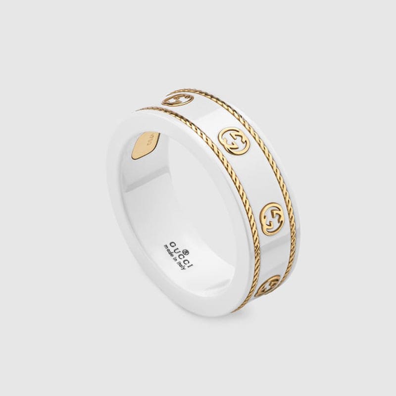 Gucci Double G Interlocking G Icon White Zirconia Ring - 18K Yellow Gold