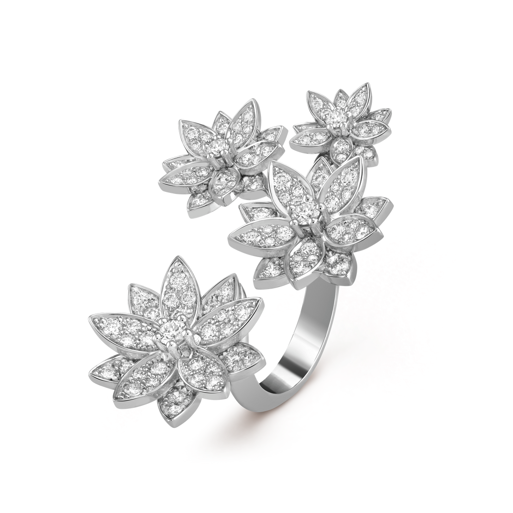 Lotus Between the Finger 4 Flowers Ring - 18K White Gold
