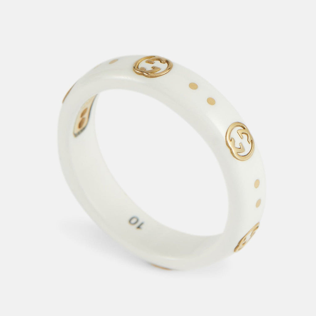 Gucci Double G Icon White Zirconia Ring - 5 mm Width - 18K Yellow Gold