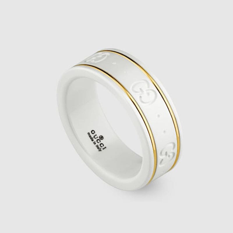 Gucci Double G Icon White Zirconia Ring - 8 mm Width - 18K Yellow Gold