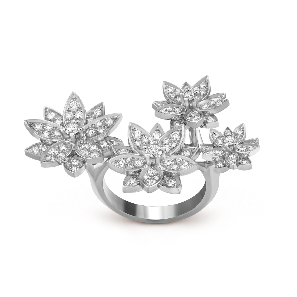 Lotus Between the Finger 4 Flowers Ring - 18K White Gold