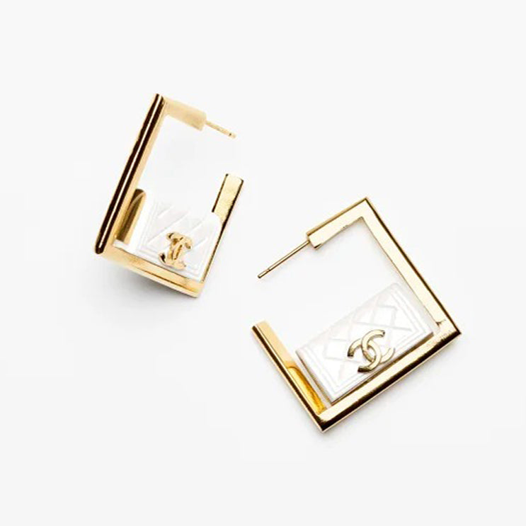 Chanel White Bag Hoop Earrings - 18K Yellow Gold