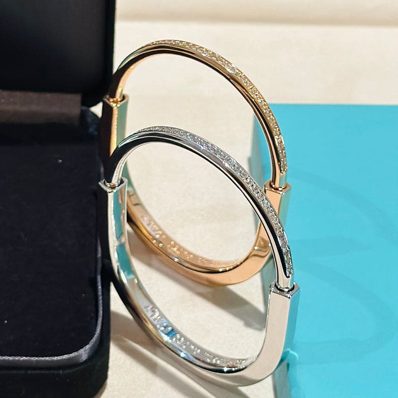 Tiffany Lock Bangle Half Pave Diamond Bracelet - 18K Gold