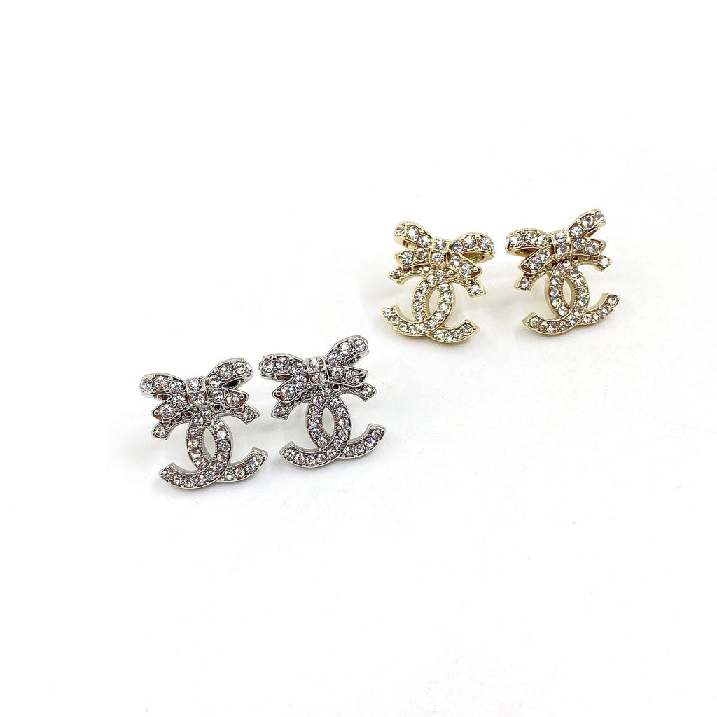 Chanel Strass Bow Stud Earrings - 18K Yellow Gold