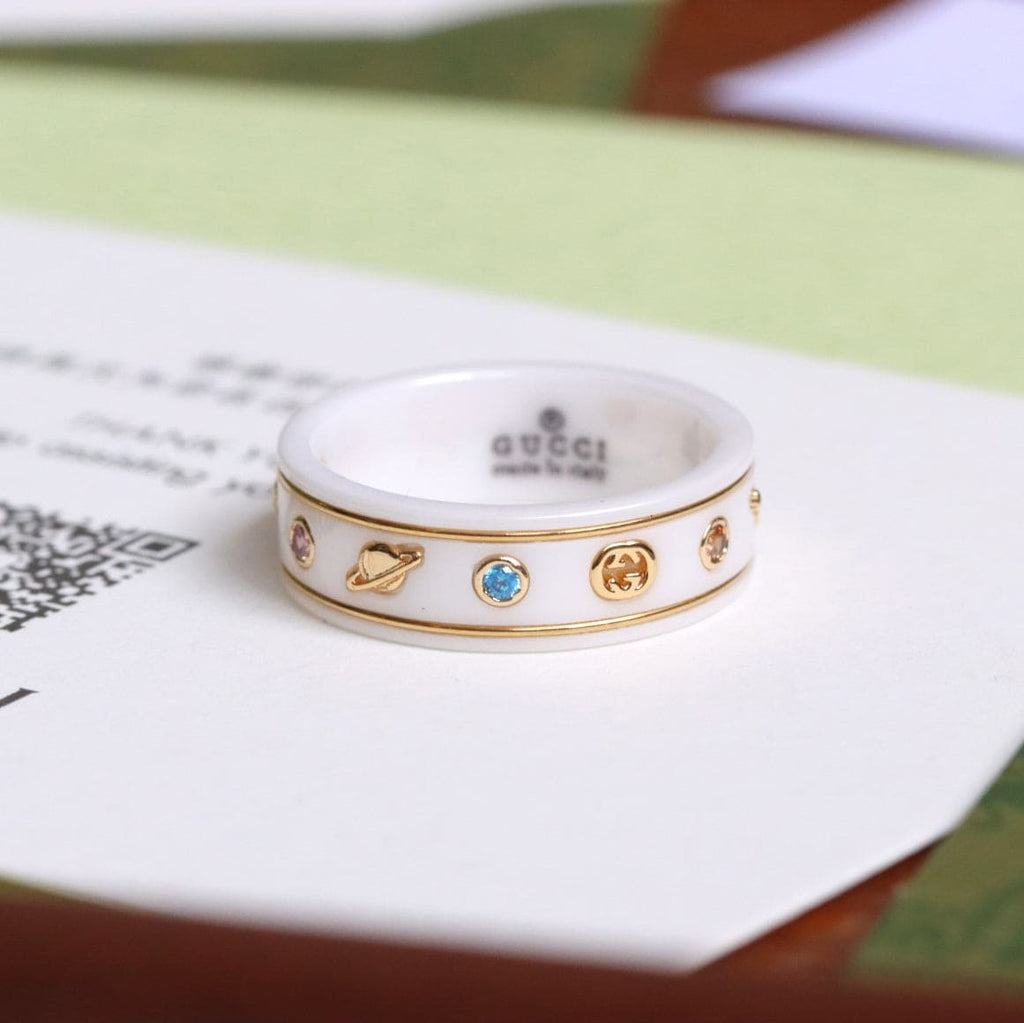 Gucci Double G Icon With Gemstones White Zirconia Ring - 18K Yellow Gold