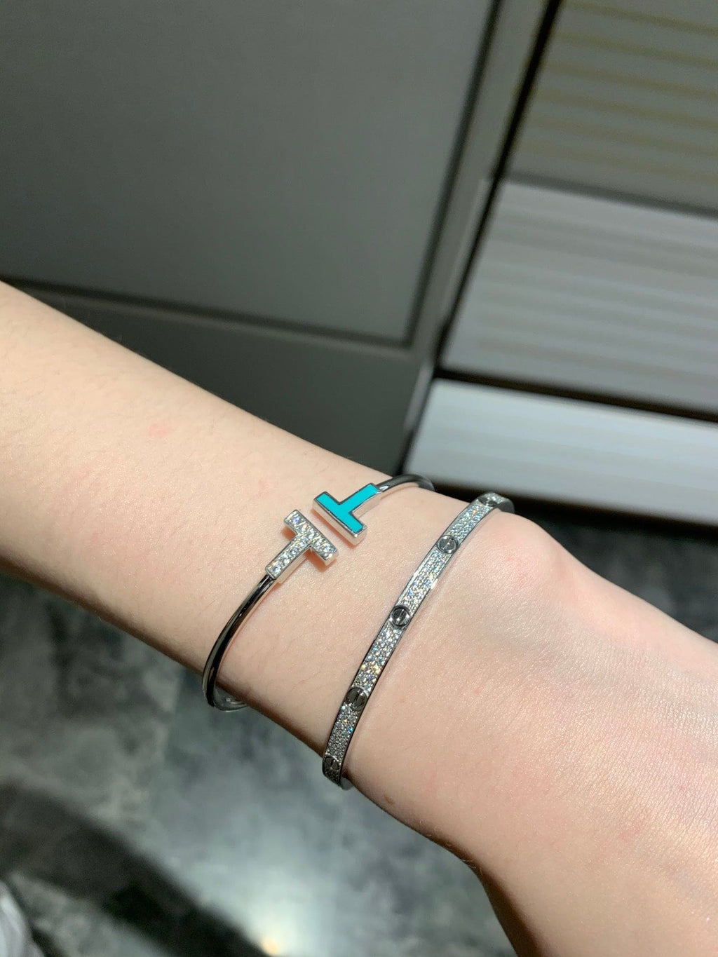 Tiffany Diamond and Turquoise Wire Bracelet - 18K White Gold