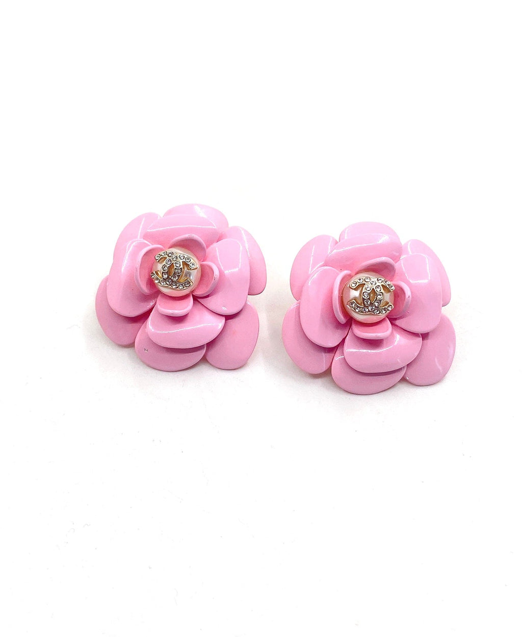 Chanel Pink Camellia Resin Earrings - 18K Yellow Gold
