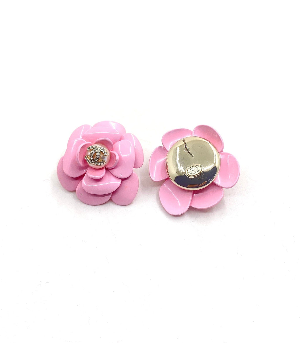 Chanel Pink Camellia Resin Earrings - 18K Yellow Gold