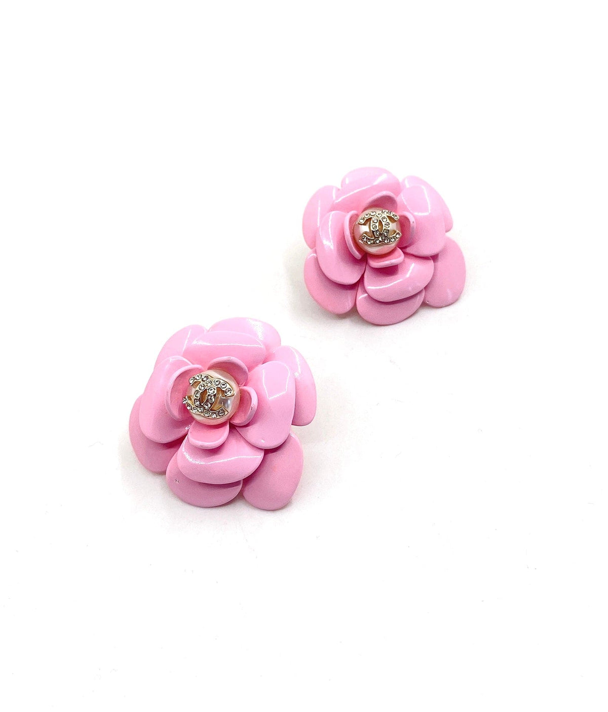 Chanel Pink Camellia Resin Earrings - 18K Yellow Gold