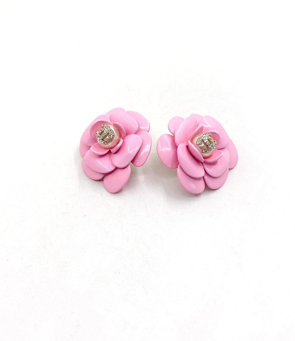 Chanel Pink Camellia Resin Earrings - 18K Yellow Gold
