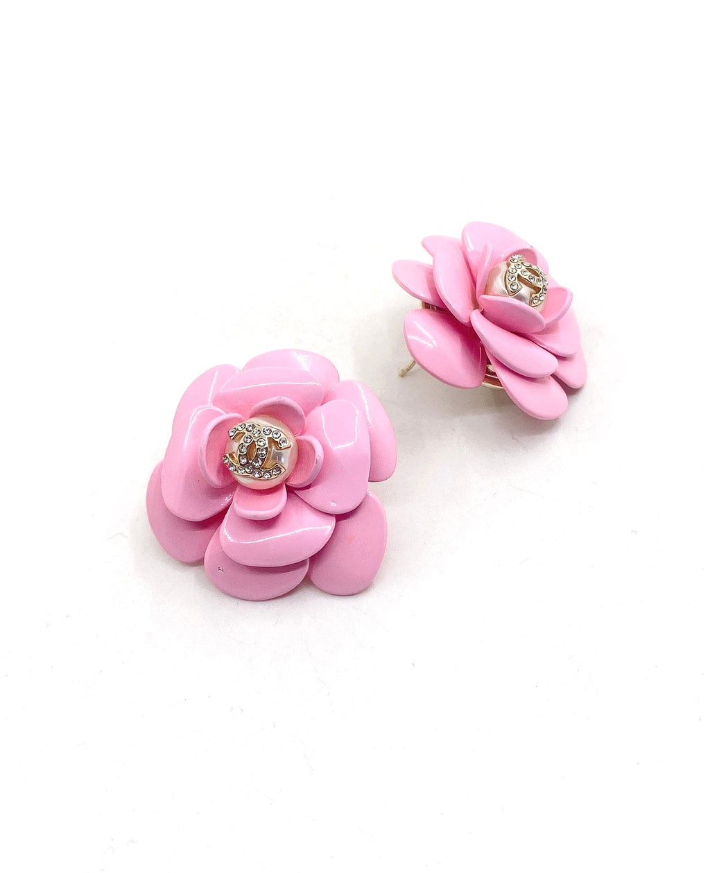 Chanel Pink Camellia Resin Earrings - 18K Yellow Gold