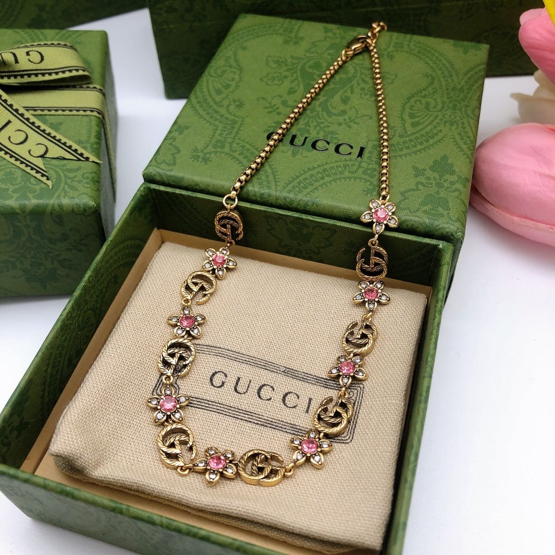 Gucci Double G Interlocking G Red Flowers Necklace