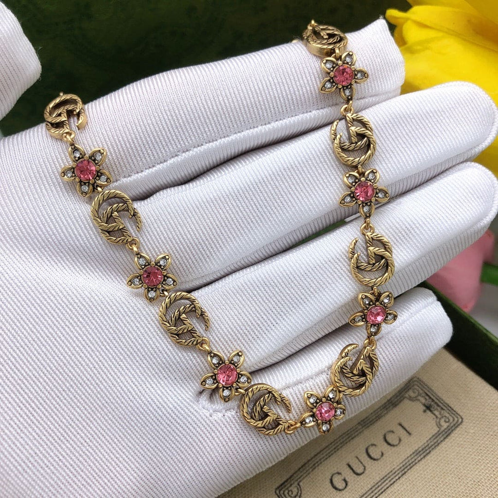 Gucci Double G Interlocking G Red Flowers Necklace