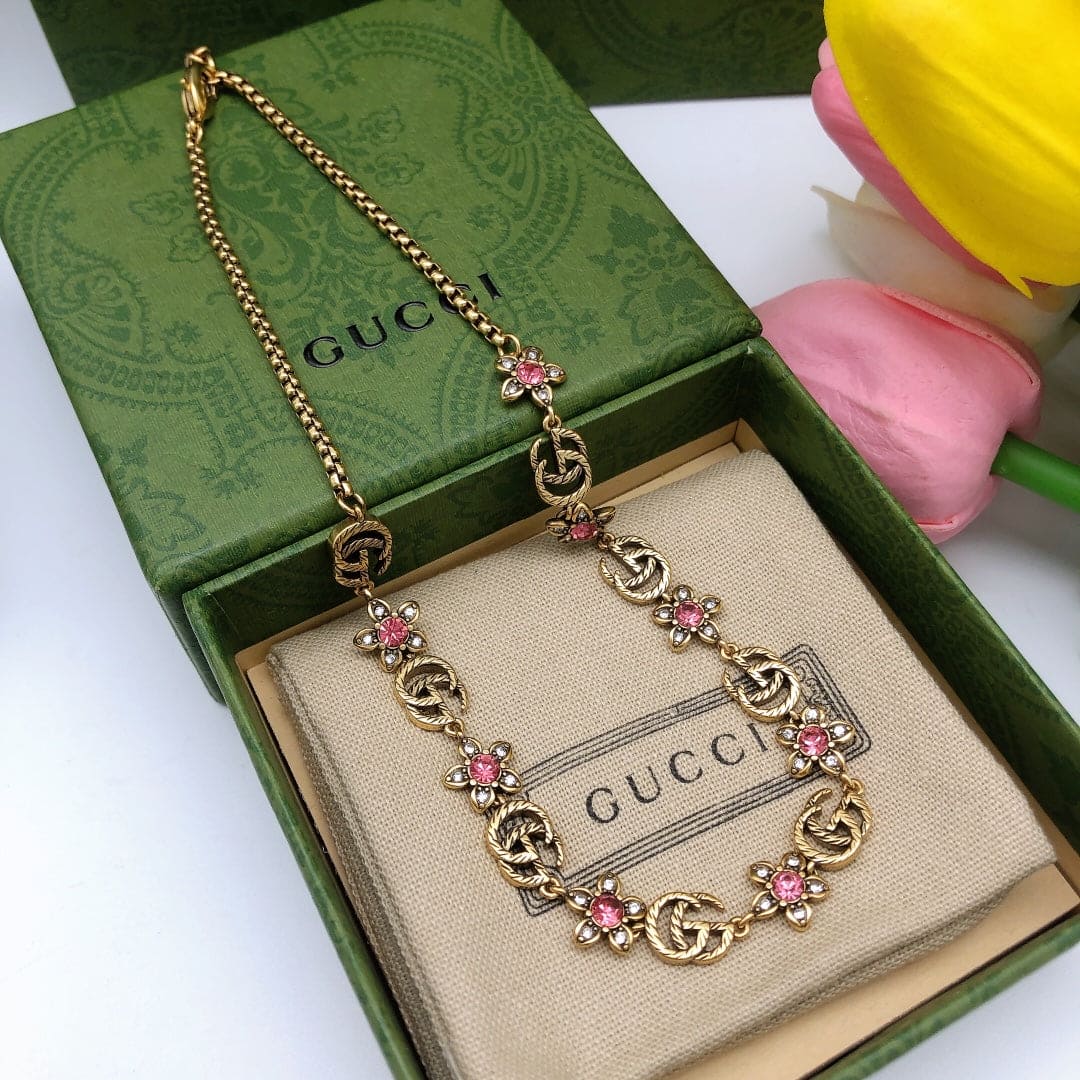 Gucci Double G Interlocking G Red Flowers Necklace