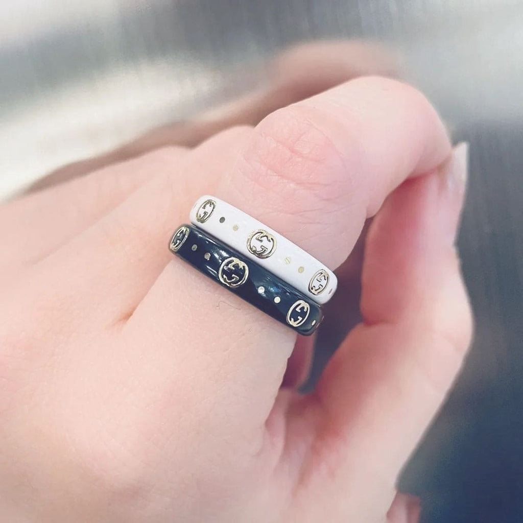 Gucci Double G Icon White Zirconia Ring - 5 mm Width - 18K Yellow Gold