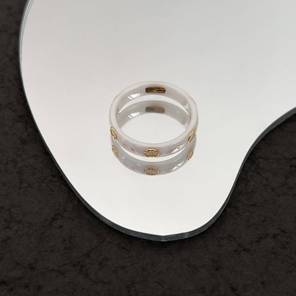 Gucci Double G Icon White Zirconia Ring - 5 mm Width - 18K Yellow Gold