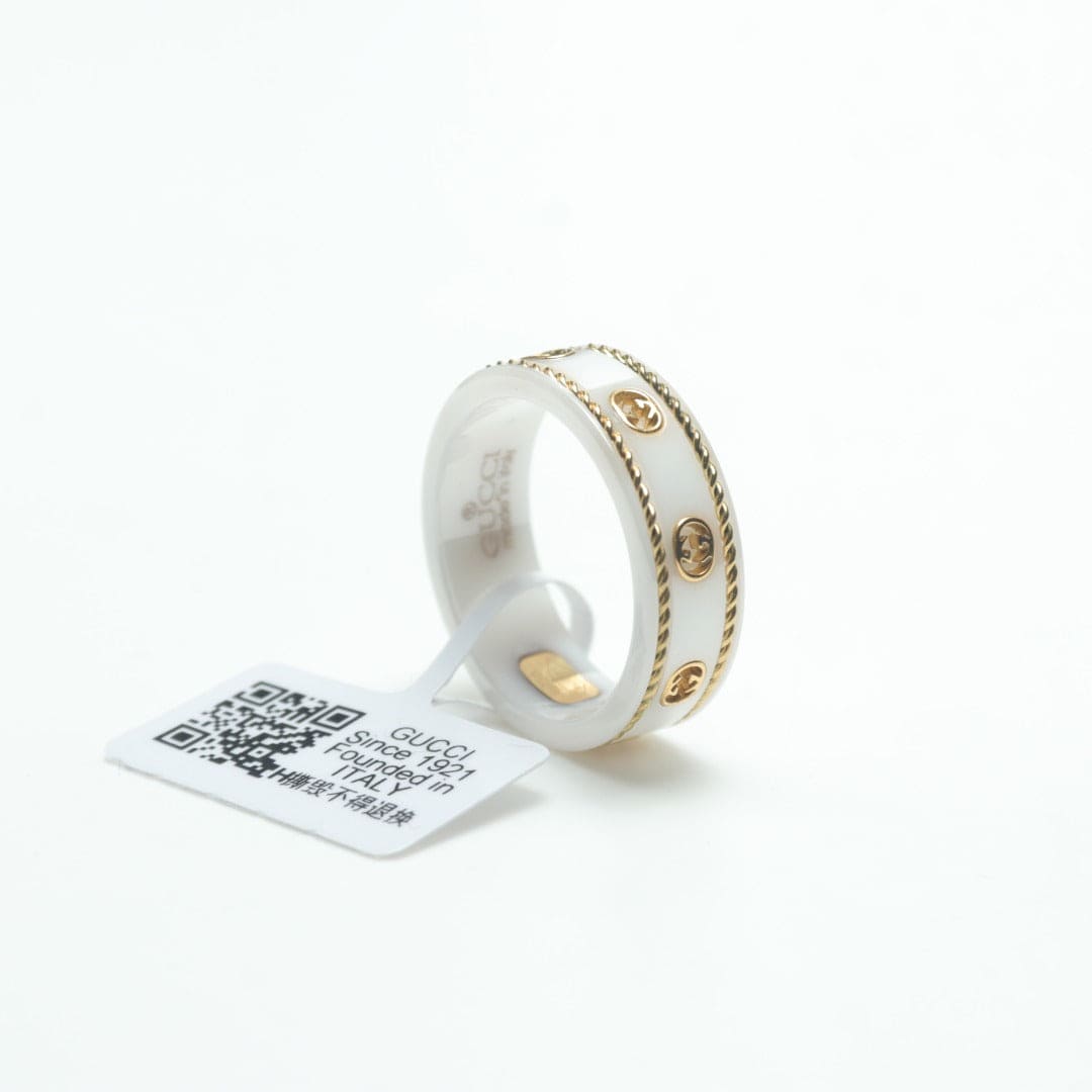 Gucci Double G Interlocking G Icon White Zirconia Ring - 18K Yellow Gold