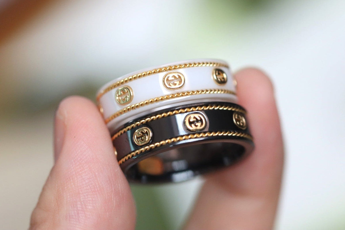 Gucci Double G Interlocking G Icon Black Corundum Ring - 18K Yellow Gold