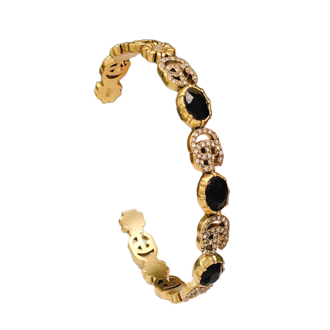 Gucci Double G Flowers Black Crystals Open Cuff Bracelet