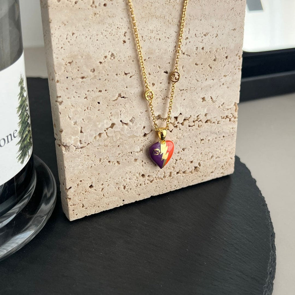Gucci Double G Interlocking G Heart Lightning Charm Necklace