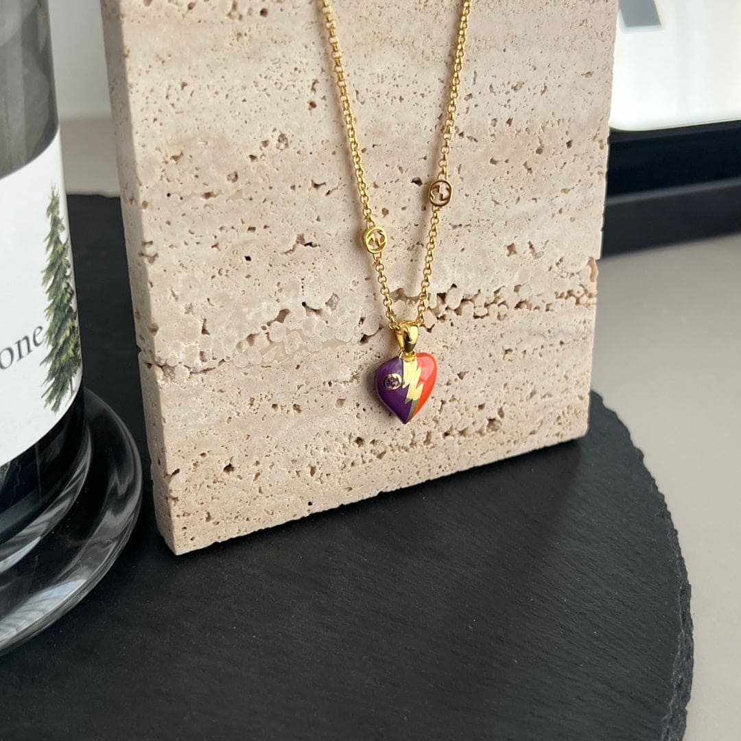 Gucci Double G Interlocking G Heart Lightning Charm Necklace