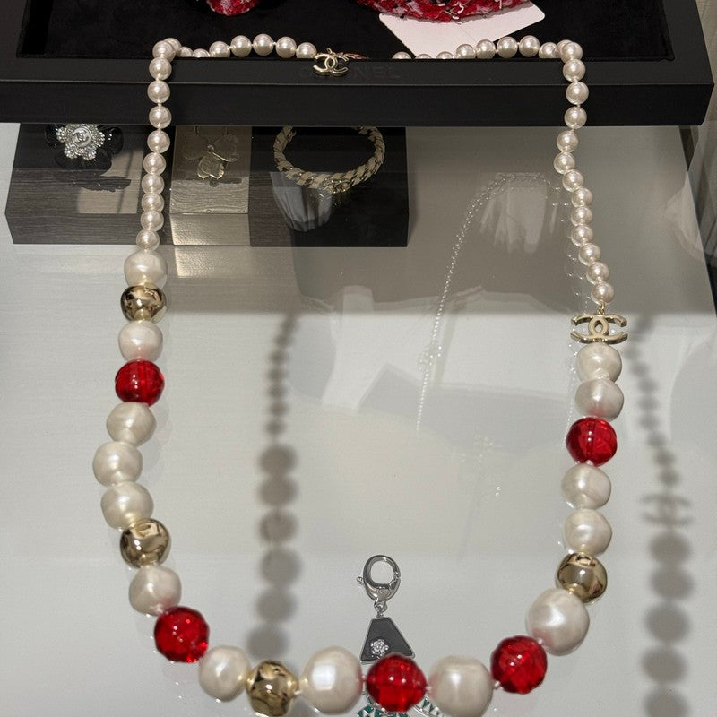 Chanel Red Crystal Pearl Necklace