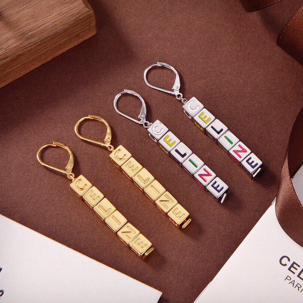 Celine Triomphe Script Cube Earrings - 18K Gold