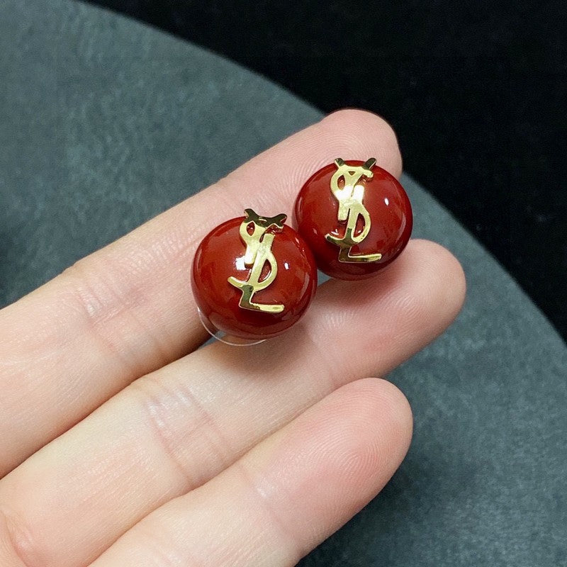 YSL White & Red Earrings - 18K Yellow Gold