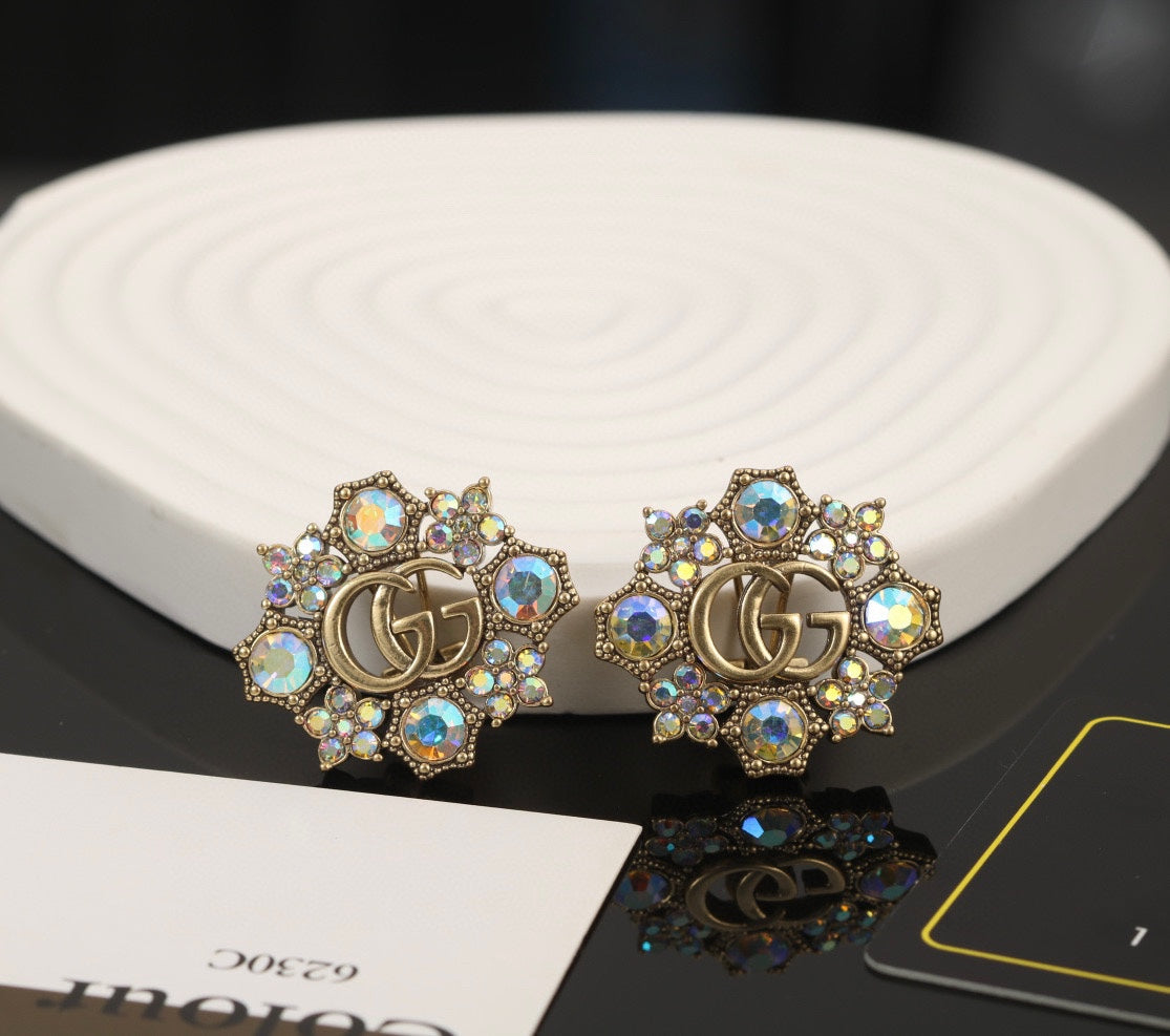 Gucci Double G Blue Flowers Earrings - 2.25 cm Height - 18K Yellow Gold