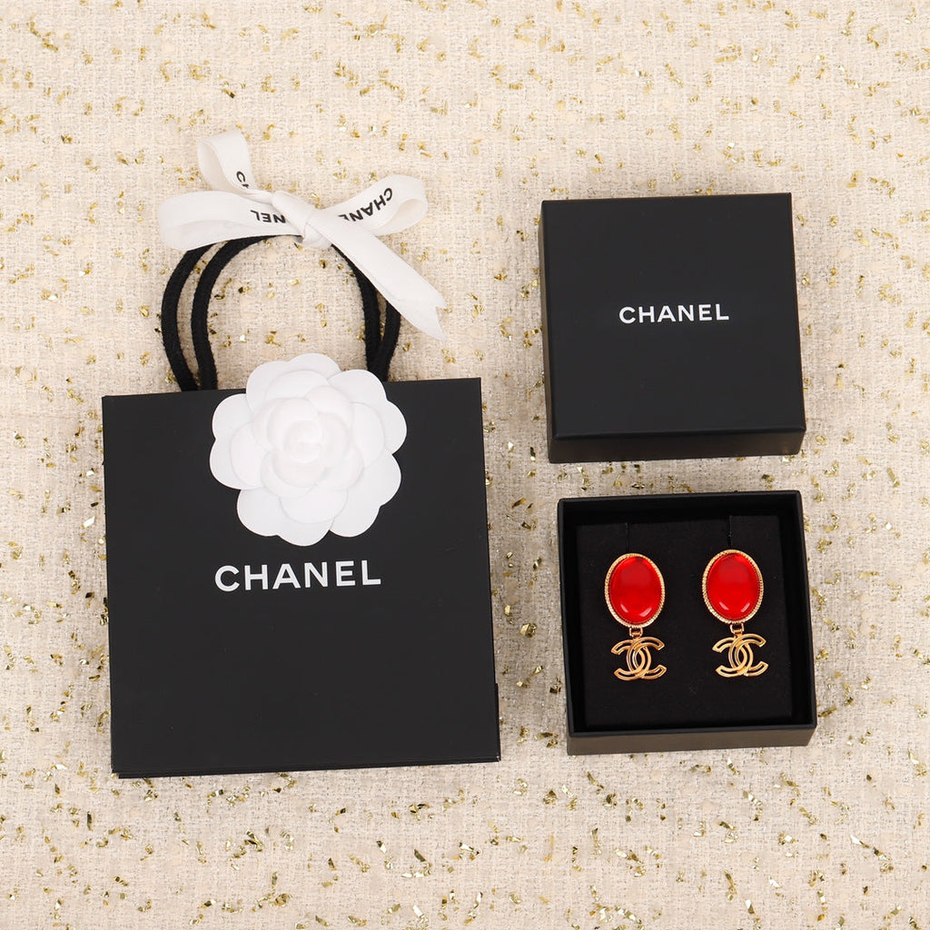 Chanel Red Crystal Pendant Earrings - 18K Yellow Gold