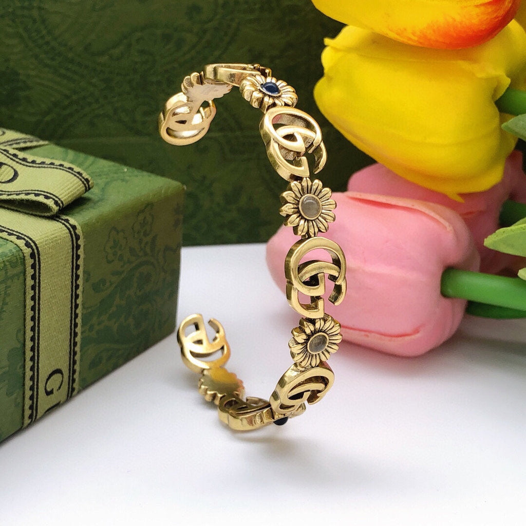 Gucci Double G Flowers Open Cuff Bracelet