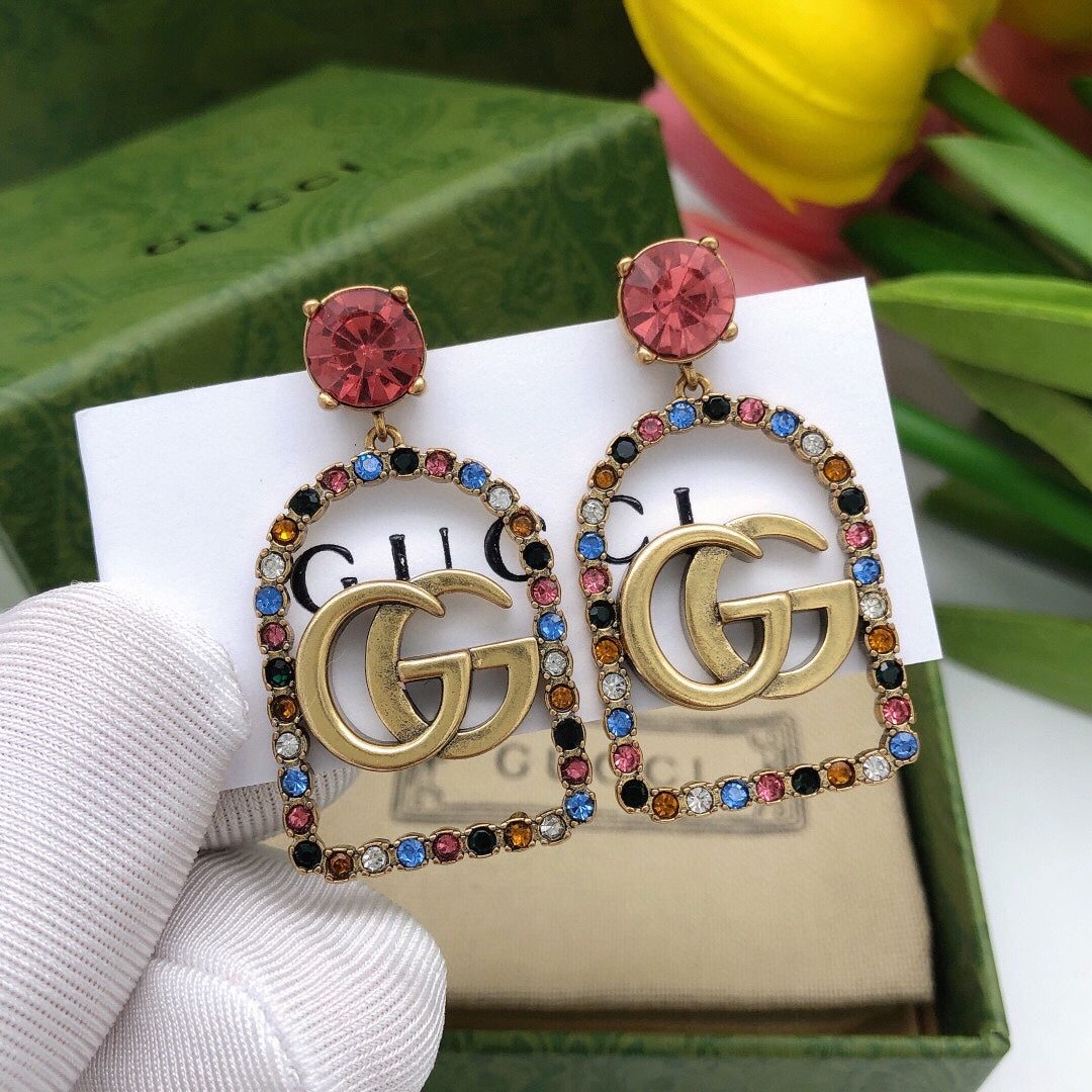 Gucci Double G Color Crystal Earrings - 3.5 cm Height - 18K Yellow Gold
