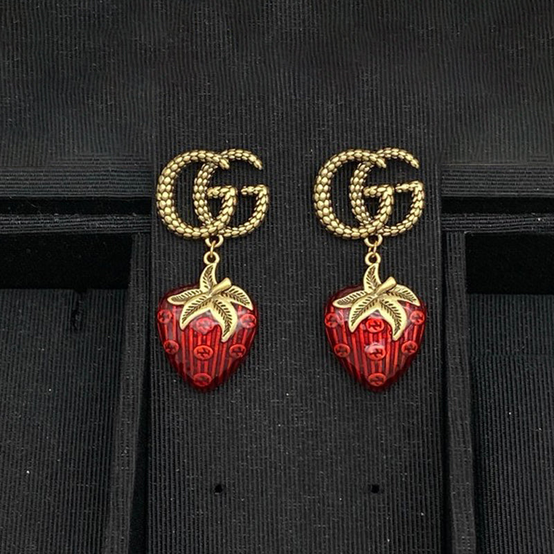 Gucci Double G Green & Red Berry Earrings - 18K Gold