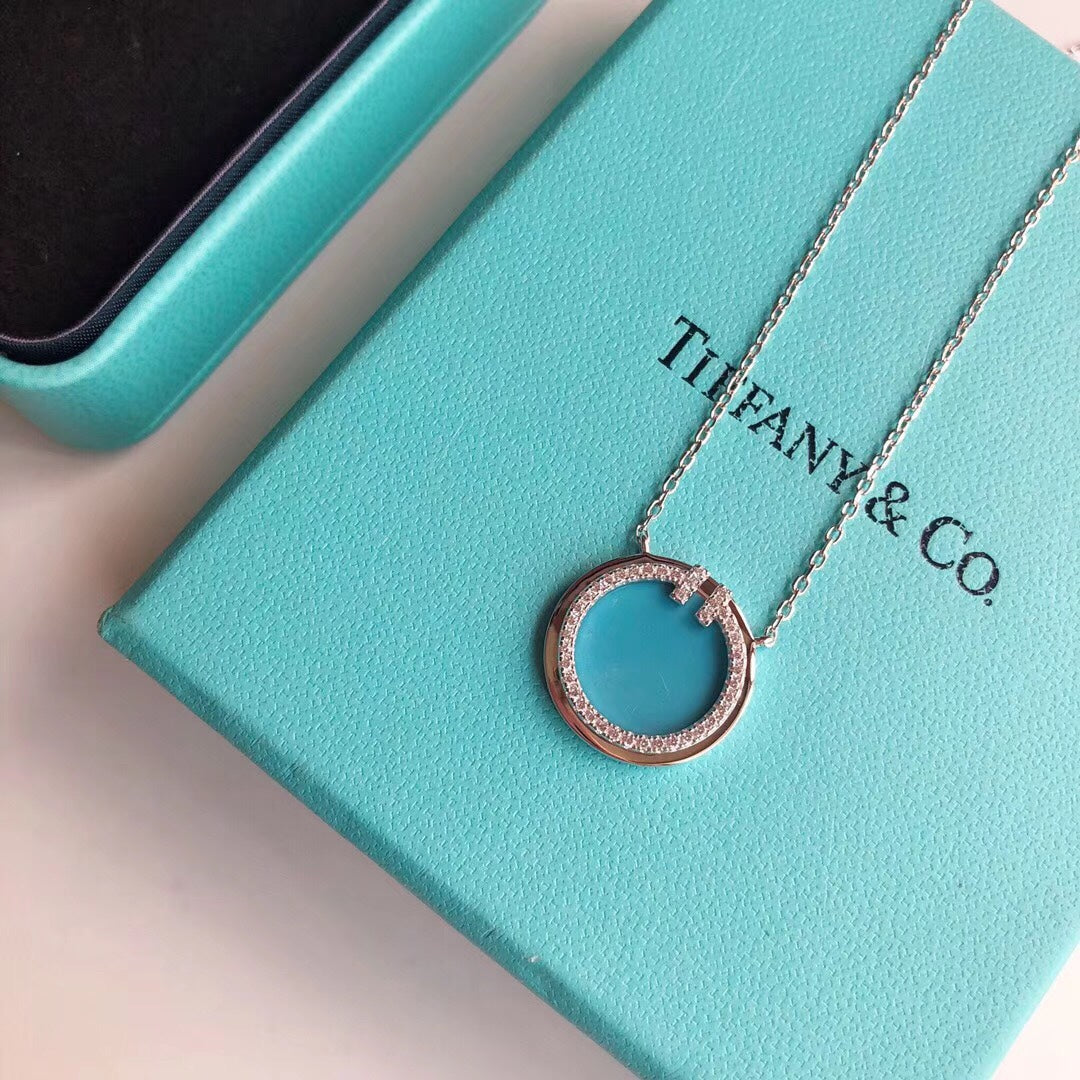Tiffany Diamond & Turquoise Circle Pendant Necklace