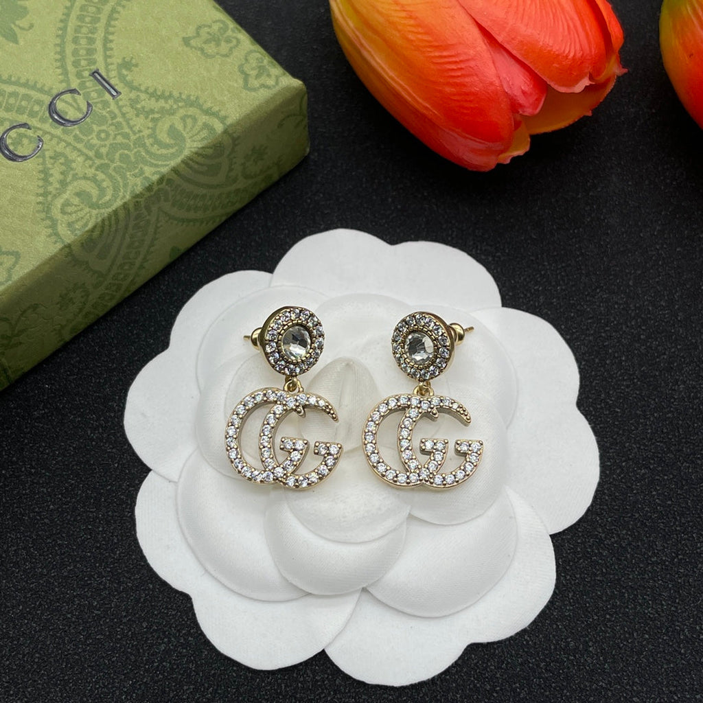Gucci Double G Crystal Earrings - 18K Yellow Gold