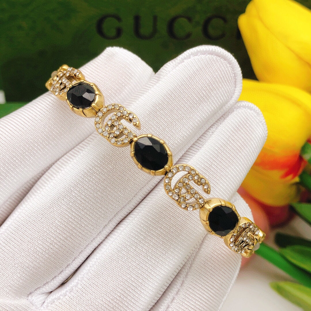 Gucci Double G Flowers Black Crystals Open Cuff Bracelet
