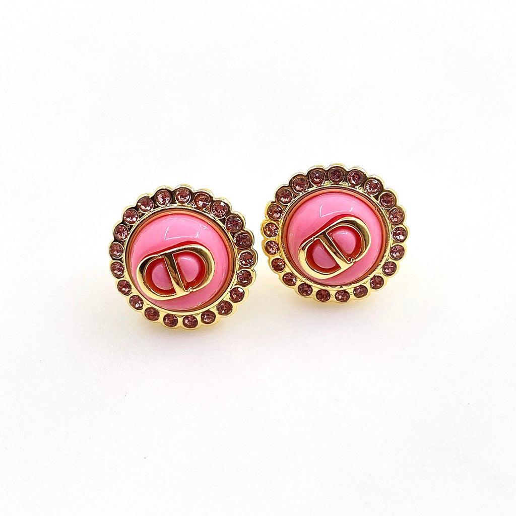 Chanel Pink Crystal Earrings - 2 cm Height - 18K Yellow Gold