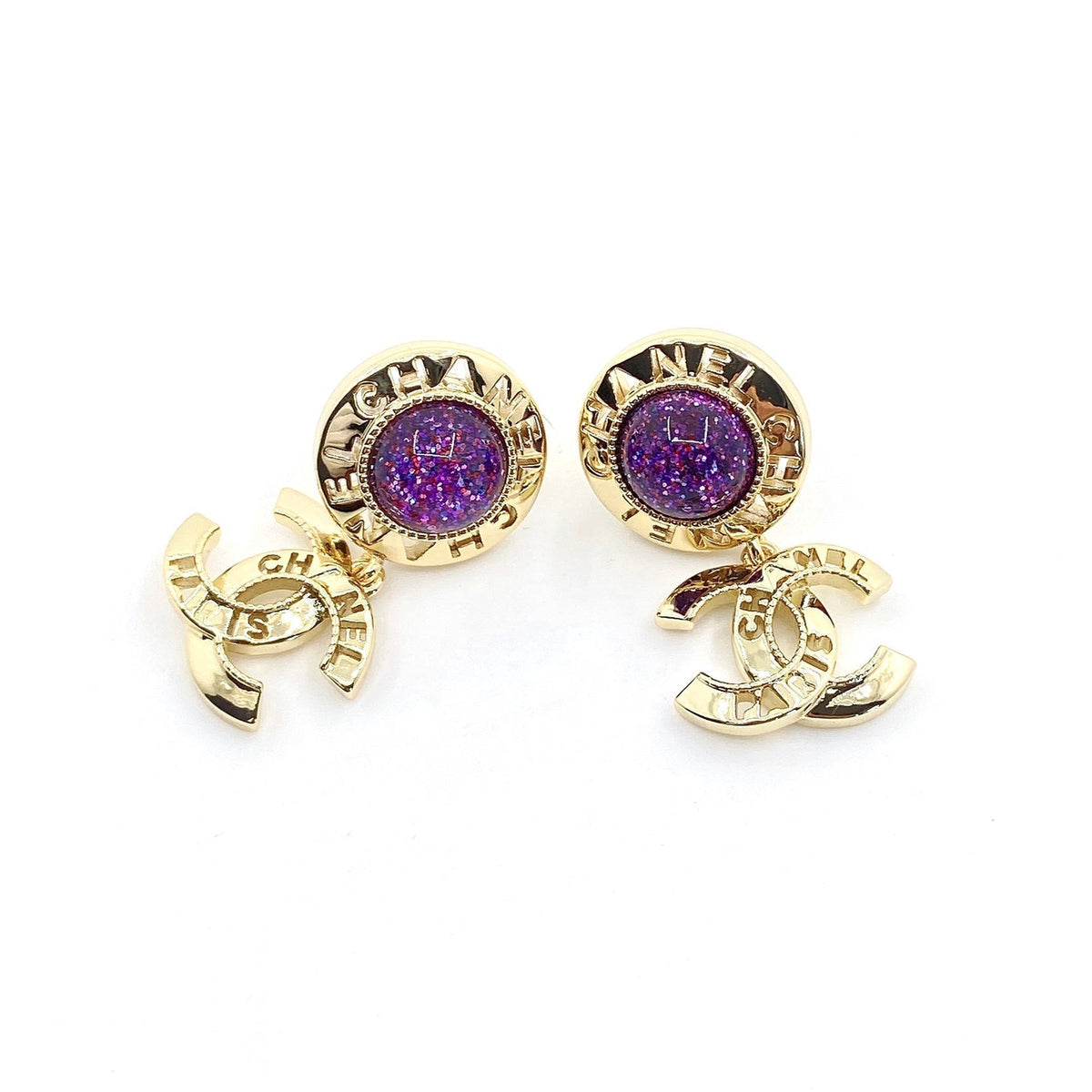 Chanel Purple Crystal Earrings - 18K Yellow Gold