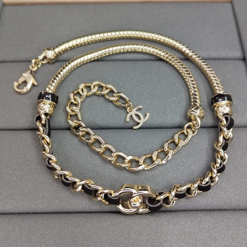 Chanel Black Leather Gold Chain Necklace