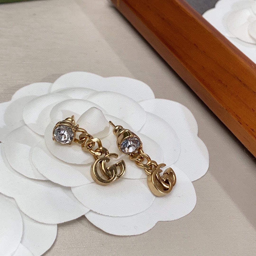 Gucci Double G Crystal Chain Earrings - 18K Yellow Gold