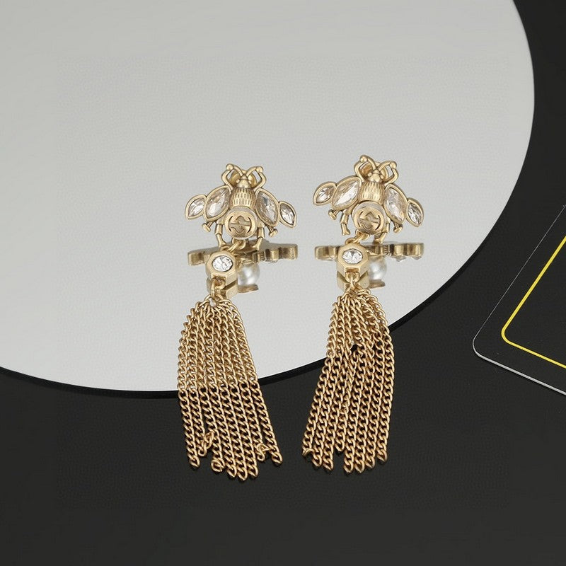 Gucci Double G Bee Tassel Crystal Earrings - 18K Yellow Gold