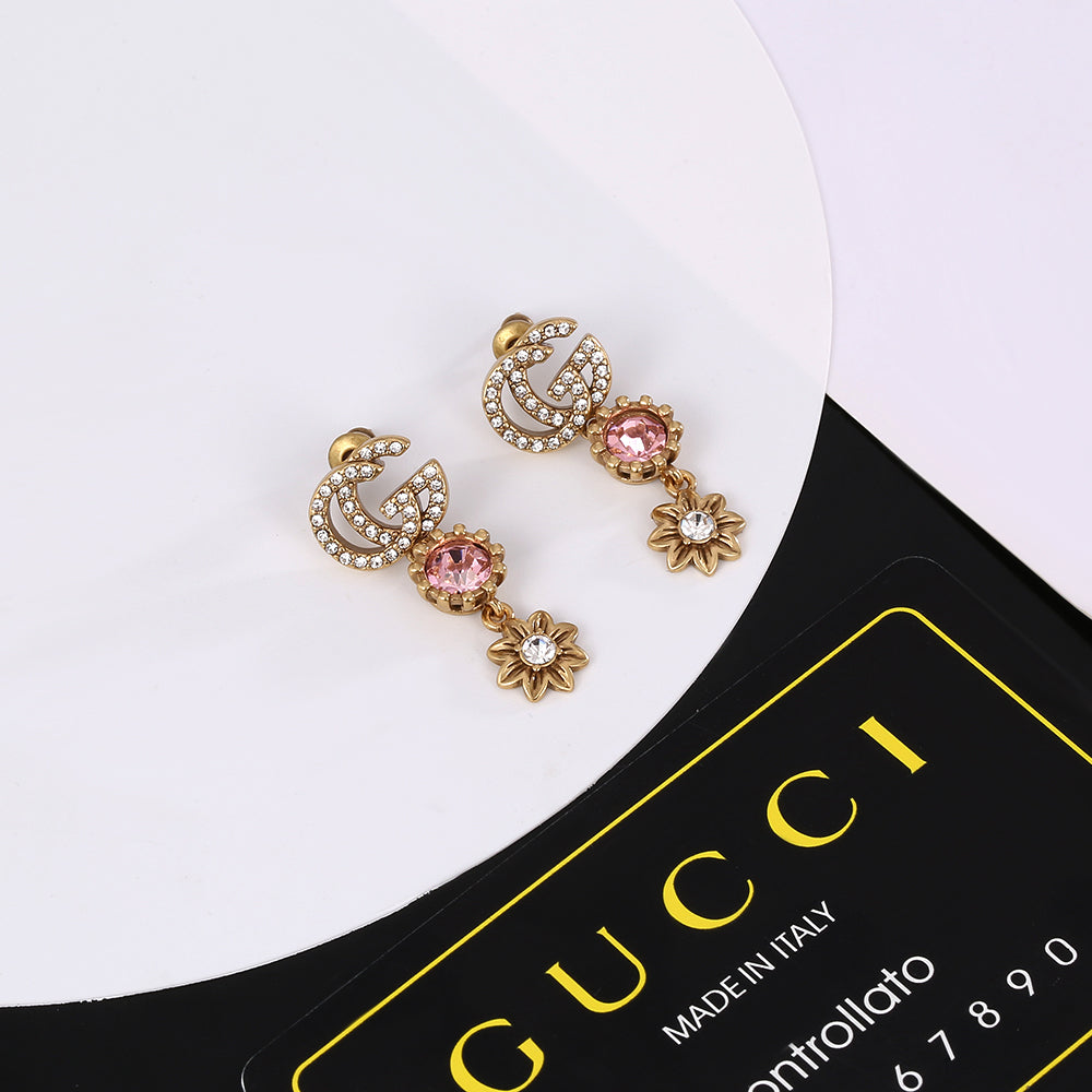 Gucci Double G Flower Crystal Earrings - 18K Yellow Gold