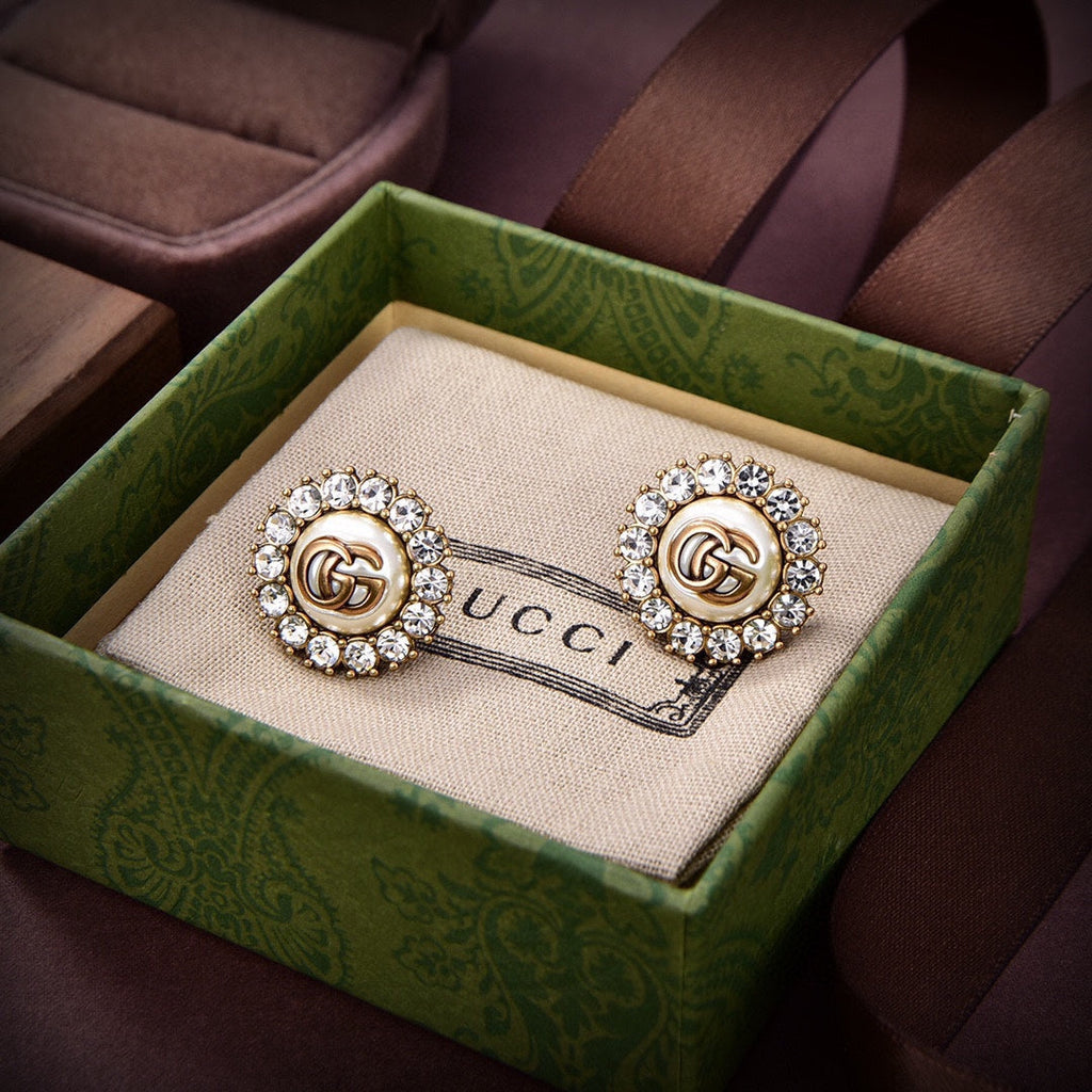 Gucci Double G Flower Crystal Earrings - 18K Yellow Gold