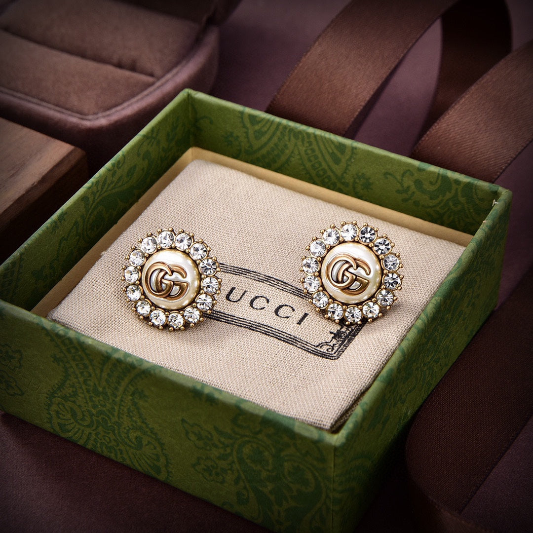 Gucci Double G Flower Crystal Earrings - 18K Yellow Gold