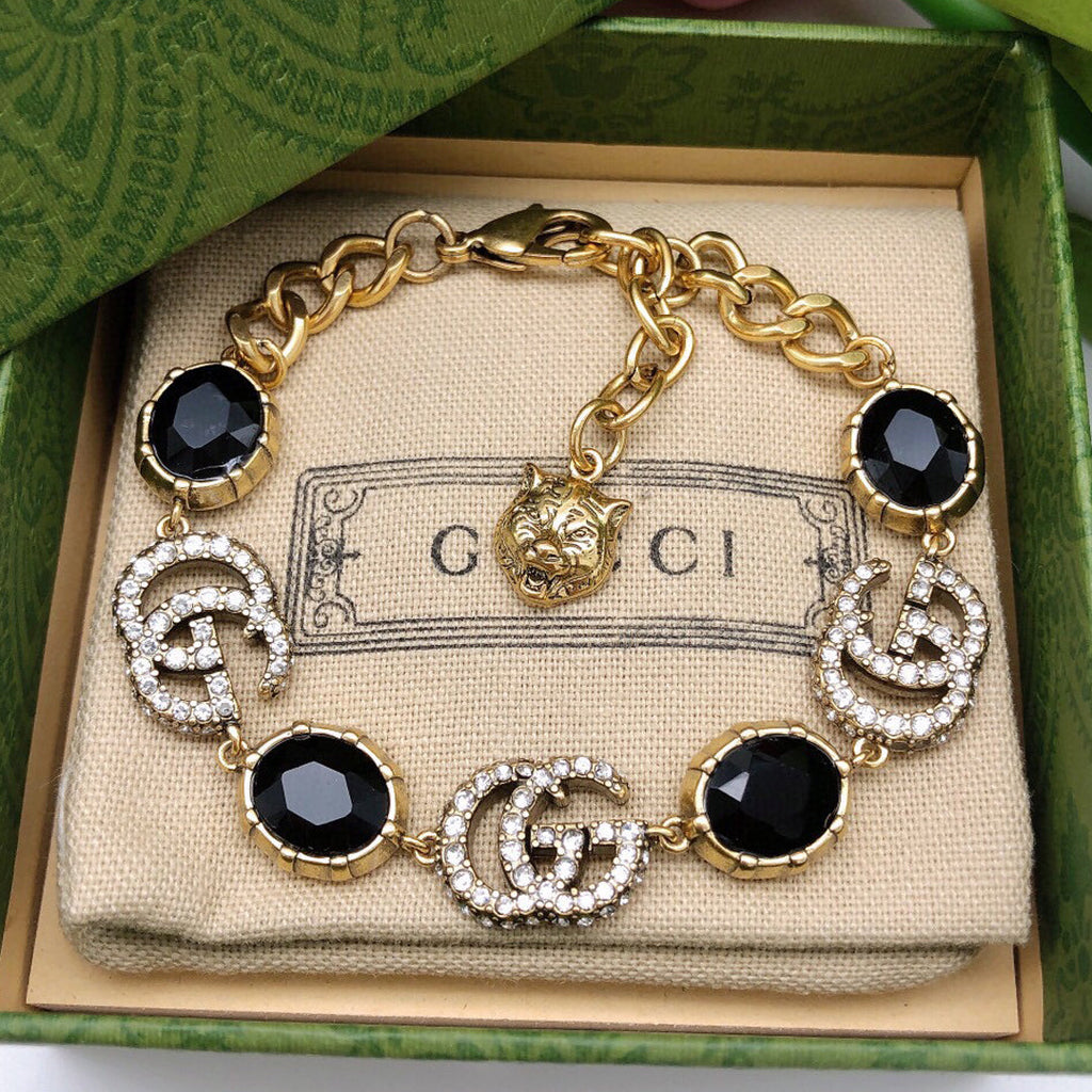 Gucci Double G Black Stones Chain Bracelet