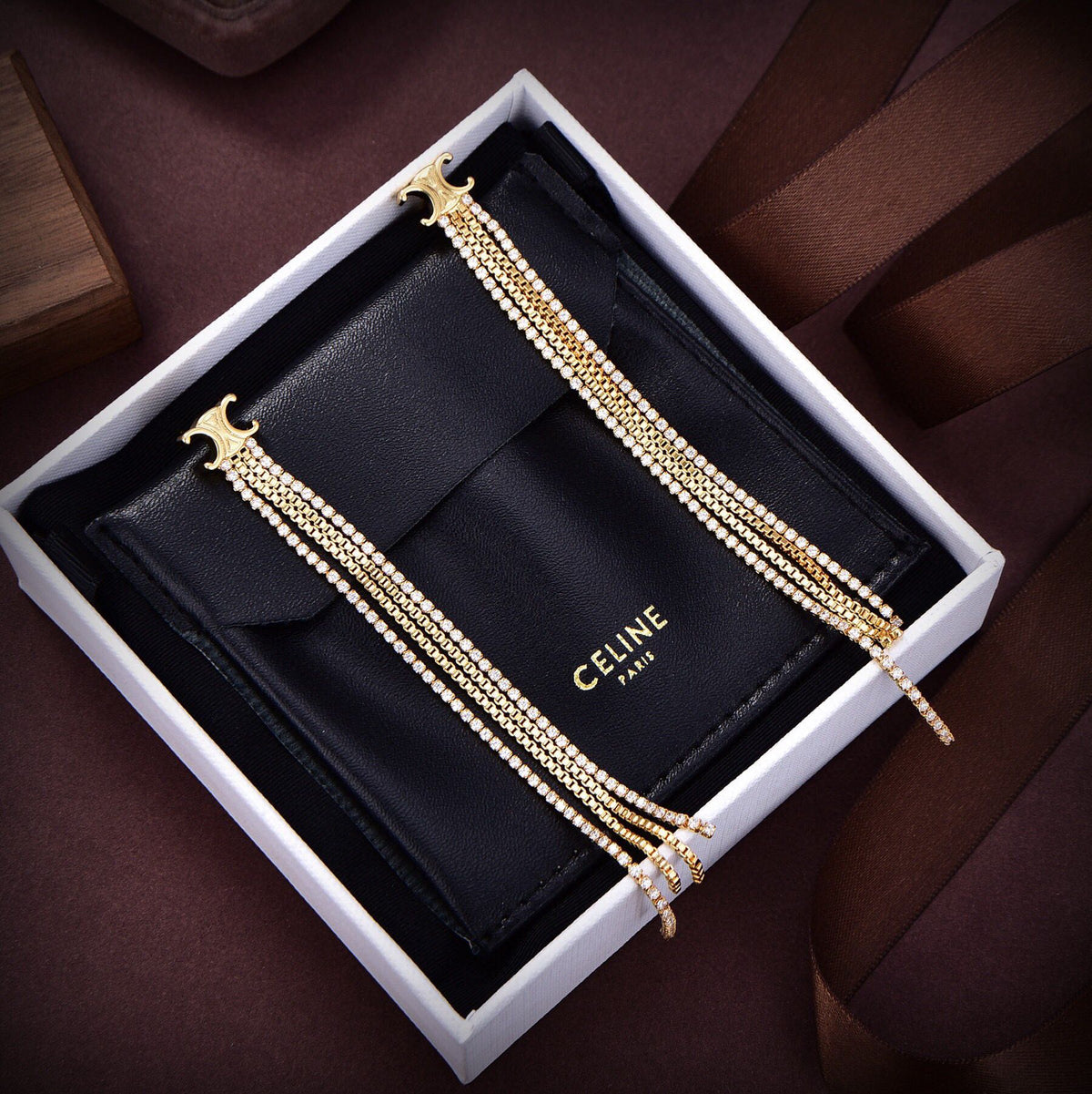 Celine Triomphe Diamonds Long Earrings - 18K Yellow Gold