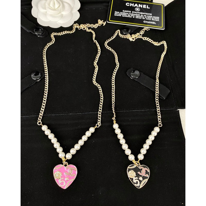 Chanel Pink & Black Heart Pearl Necklace