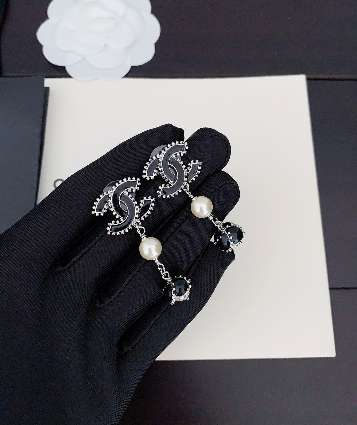 Chanel Pearl Crystal Earrings - 18K White Gold