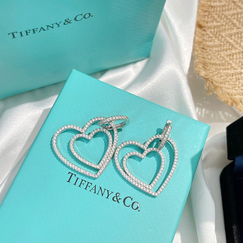 Tiffany Double Heart Diamond Earrings - 18K White Gold